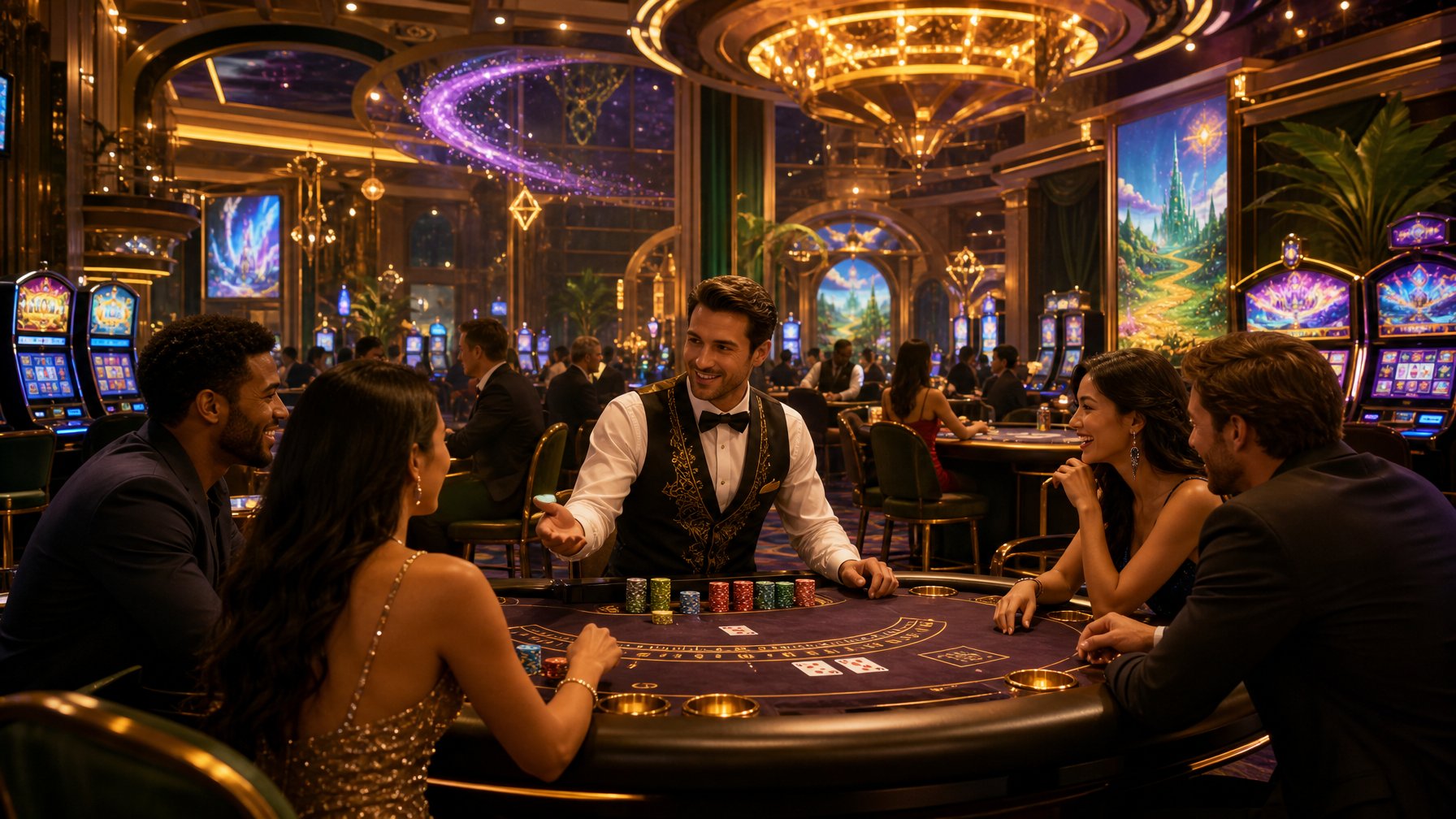 An Inviting Casino Interior With Gaming Tables, Slot Machines, And People Enjoying Games In A Lively Atmosphere.