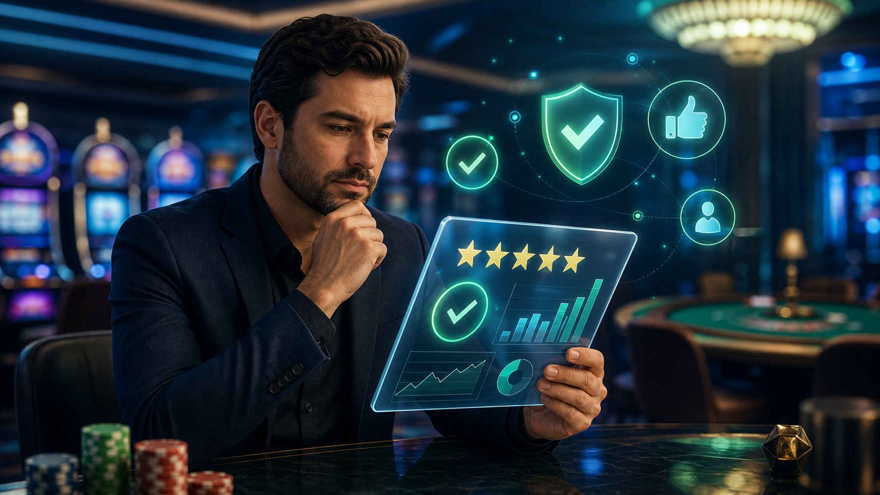 A Person Reviewing Digital Charts And Trust Icons In A Modern Casino Setting.