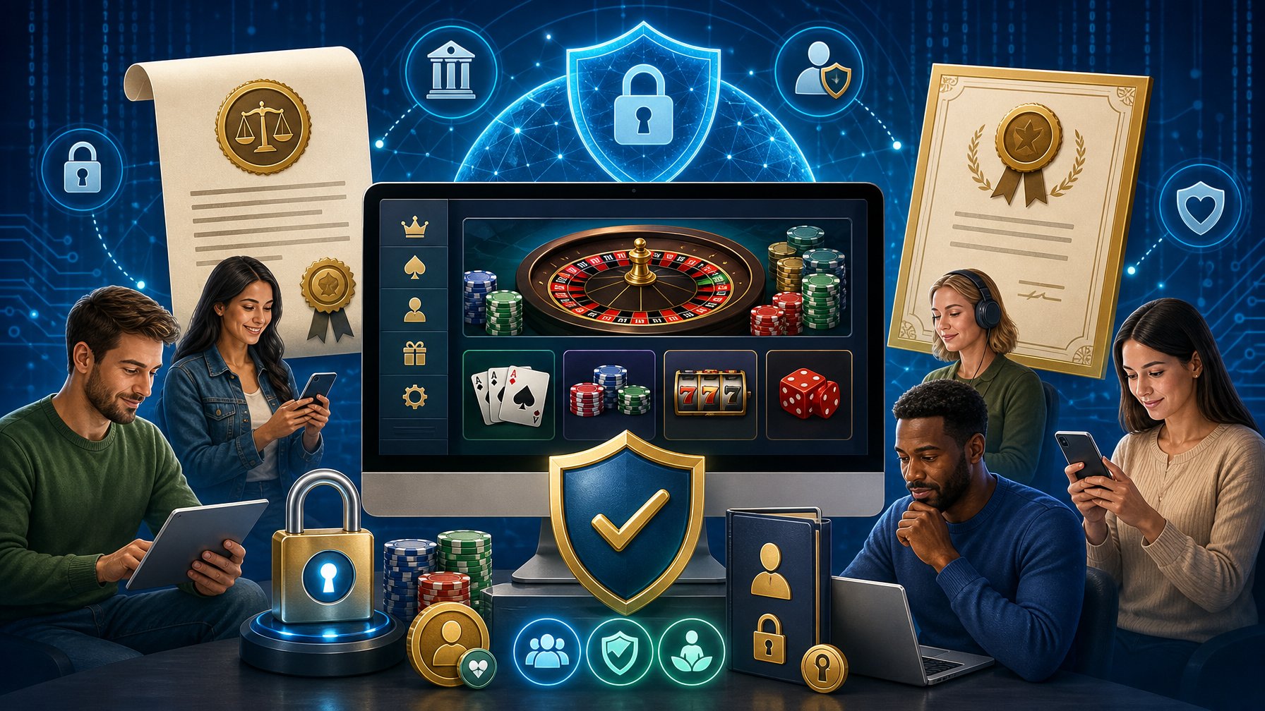 A Digital Scene Showing A Secure Online Casino Platform With Symbols Of Licensing, Ownership, And Player Safety, Including Shields, Certificates, And Responsible Players.