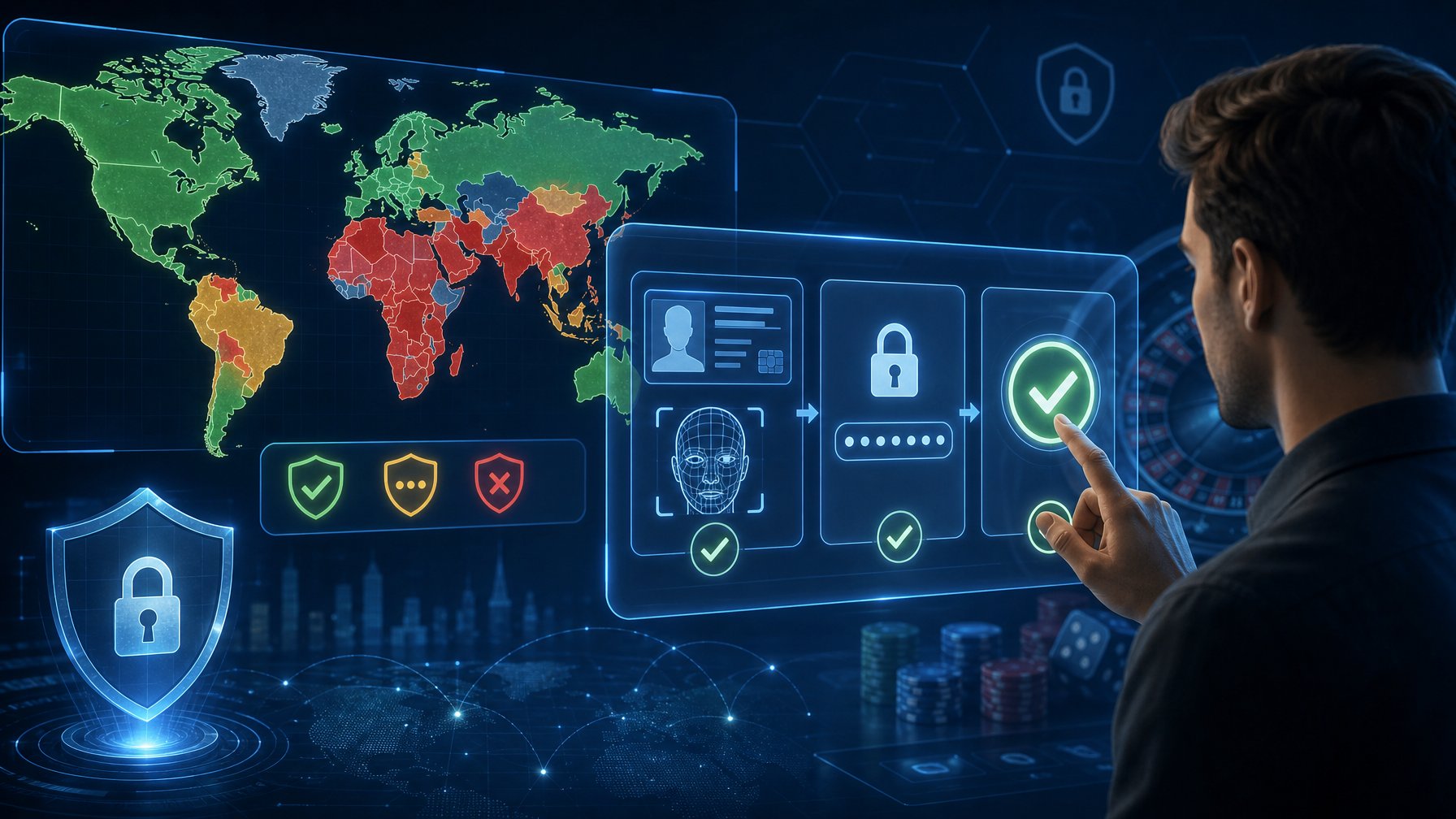 A Person Using A Digital Interface With A World Map Showing Different Countries And Verification Icons Like Id Scanning And Security Locks.