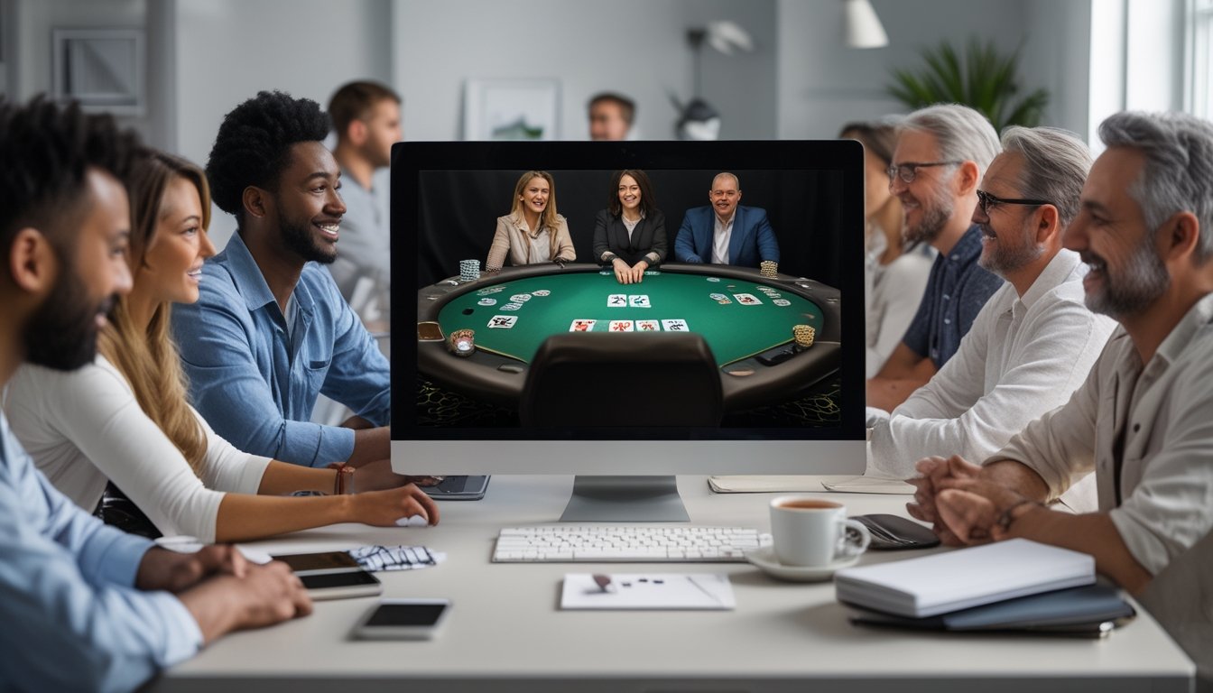 Beberapa orang dewasa bermain poker online di depan komputer di ruangan yang nyaman dan terang.