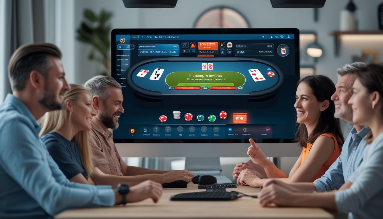 Sekelompok orang dewasa sedang bermain poker online bersama di depan layar komputer dengan suasana yang nyaman dan fokus.