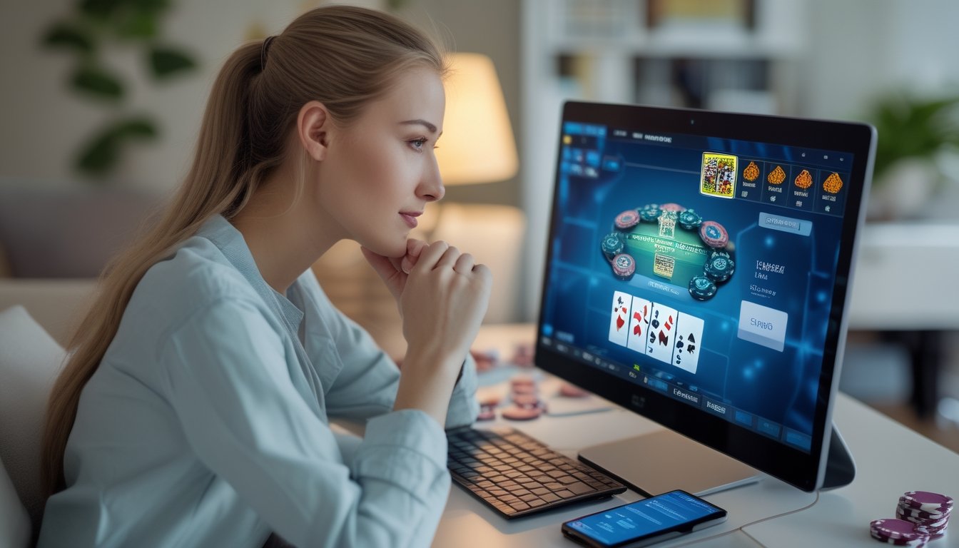 Seorang wanita muda duduk di meja dengan laptop yang menampilkan permainan poker, terlihat sedang fokus dan menganalisis layar di ruang kerja rumah yang nyaman.