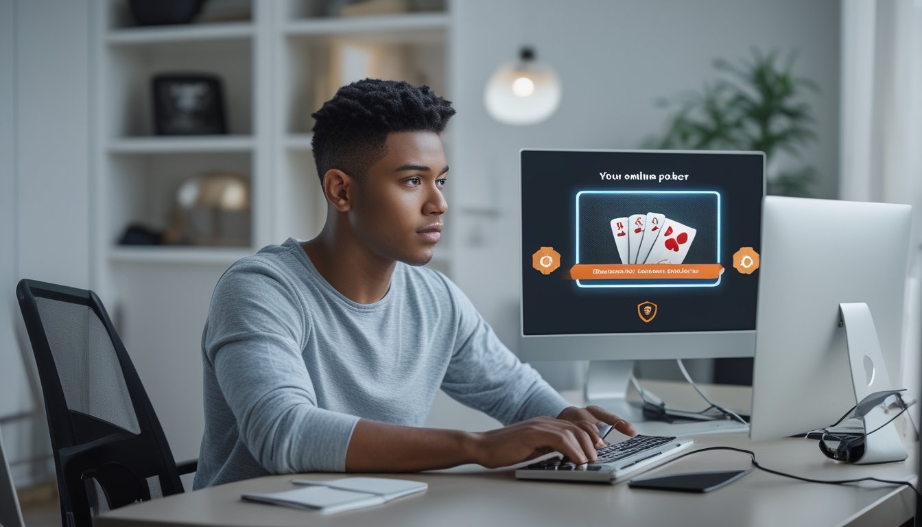 Seorang pria muda duduk di depan laptop, fokus pada permainan poker online dengan simbol keamanan di layar, menunjukkan pemilihan bandar strip poker online yang aman.