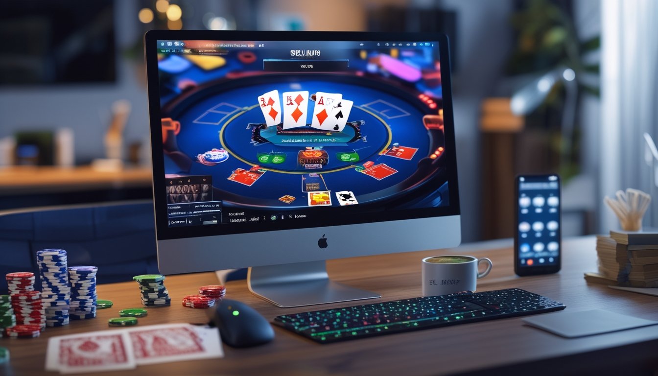 Seorang pemain poker online sedang bermain di depan komputer dengan kartu dan chip poker di meja.
