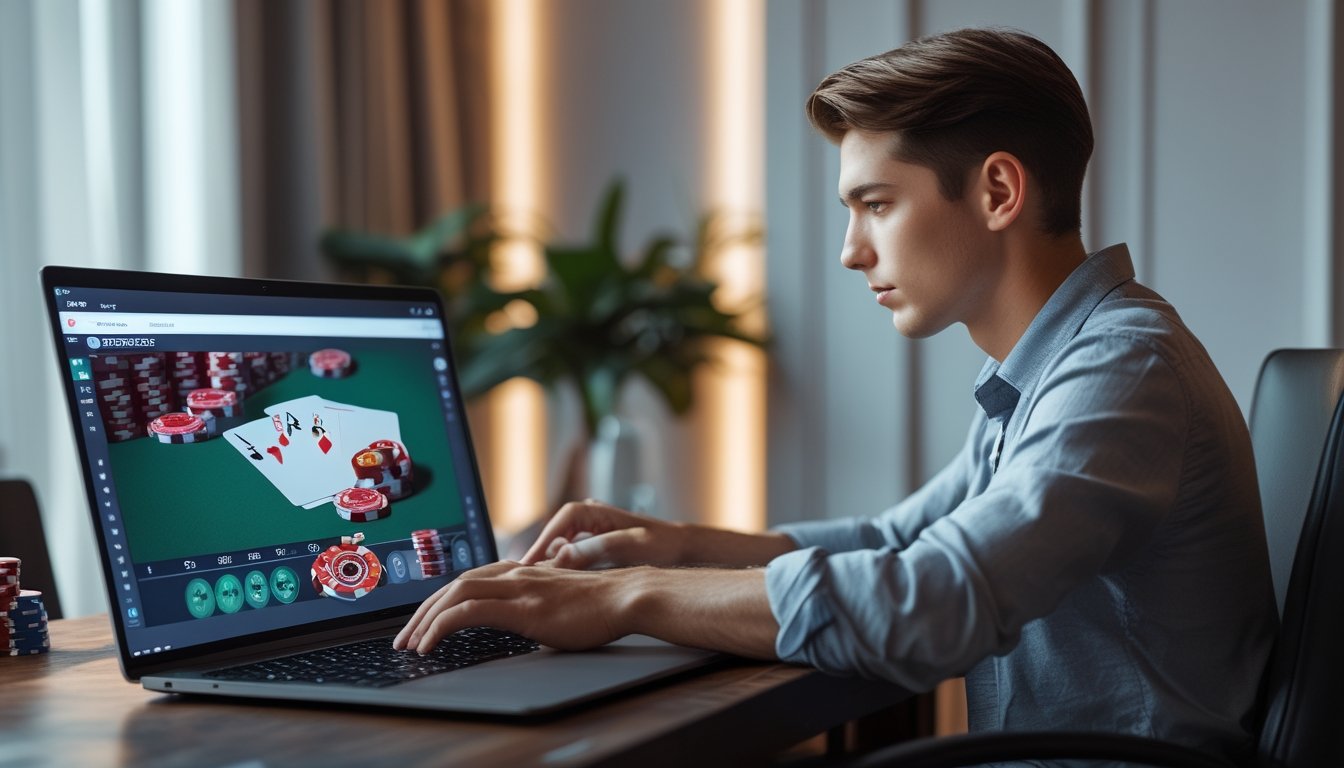 Seorang pemain muda sedang bermain poker online di laptop di sebuah ruangan dengan pencahayaan hangat dan dekorasi minimalis.