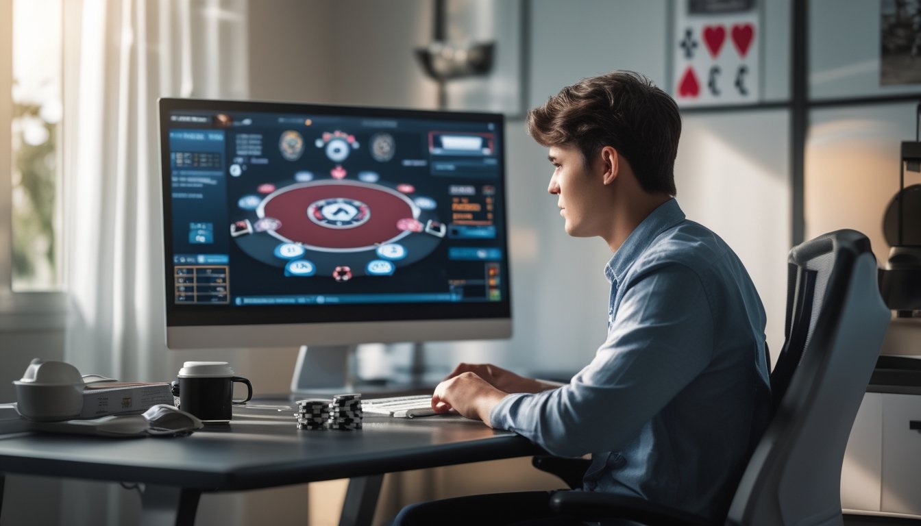 Seorang pria muda duduk di depan komputer dengan meja poker online di layar, di ruang kerja yang rapi dan nyaman.