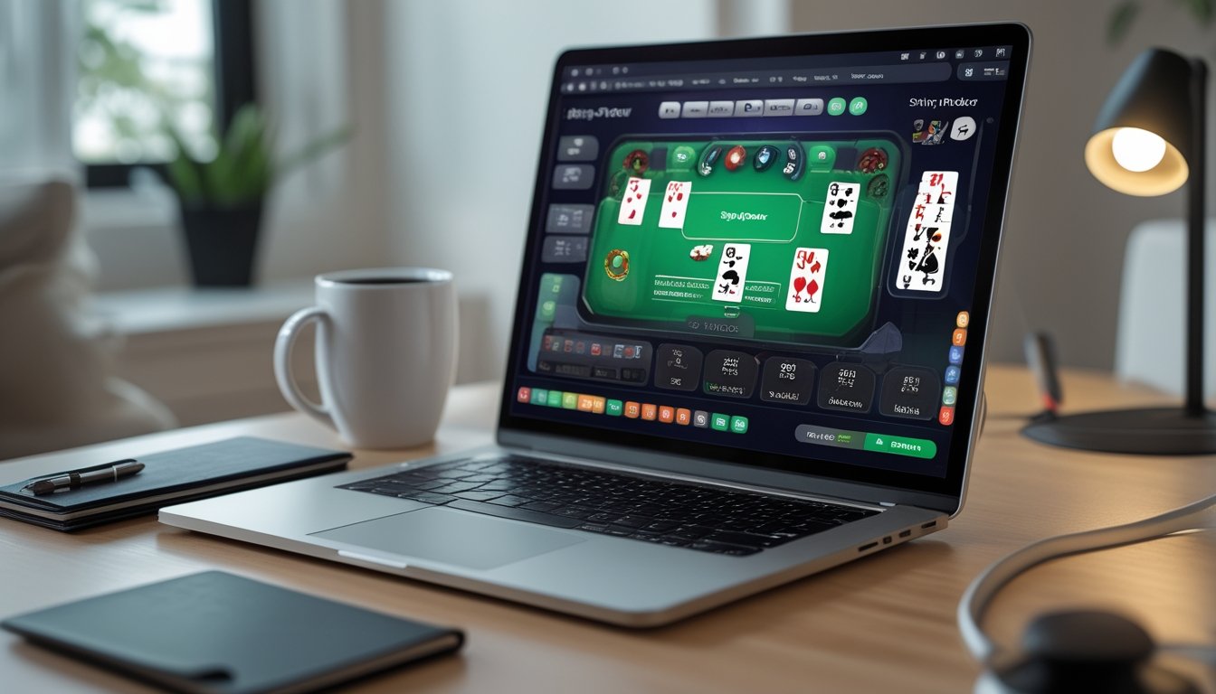 Seseorang sedang bermain poker online di komputer dengan suasana ruangan yang nyaman dan tenang.