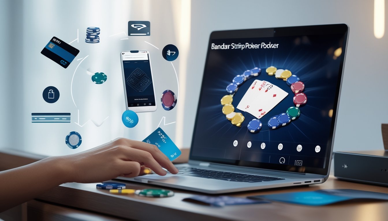 Seorang pemain poker online menggunakan laptop dengan tampilan meja poker dan chip, dikelilingi ikon transaksi keuangan cepat seperti kartu kredit dan dompet digital.