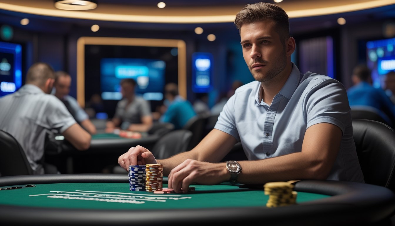 Seorang pria fokus duduk di meja poker dengan kartu dan tumpukan chip di depan, di lingkungan kasino modern.