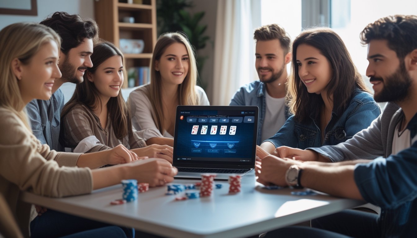Sekelompok orang muda bermain poker online di depan laptop di ruangan yang nyaman dengan kartu dan chip poker di atas meja.