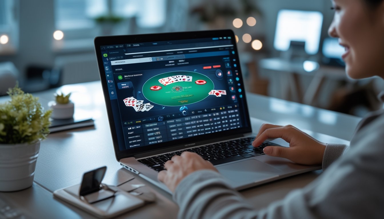 Seorang pria tersenyum menggunakan laptop yang menampilkan permainan poker online dengan kartu dan chip di layar, di ruangan kerja yang nyaman dengan simbol koneksi digital di latar belakang.