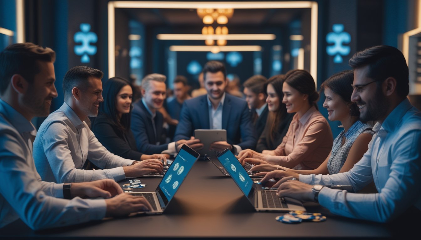Sejumlah orang dewasa bermain poker online dengan laptop dan tablet di ruangan modern yang terang dan bergaya.