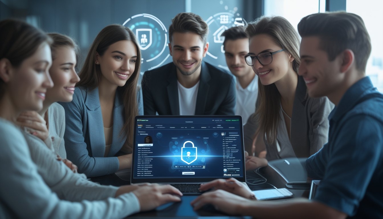 Sekelompok orang muda sedang menggunakan perangkat digital dengan latar belakang ikon keamanan digital yang melambangkan perlindungan dan privasi pengguna.