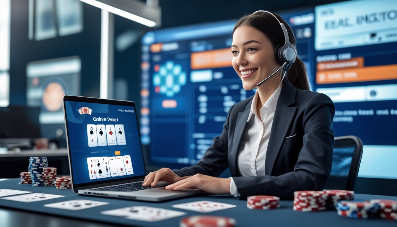 Seorang perwakilan layanan pelanggan yang tersenyum sedang bekerja dengan laptop yang menampilkan permainan poker online, di ruang kerja modern dengan kartu dan chip poker di latar belakang.