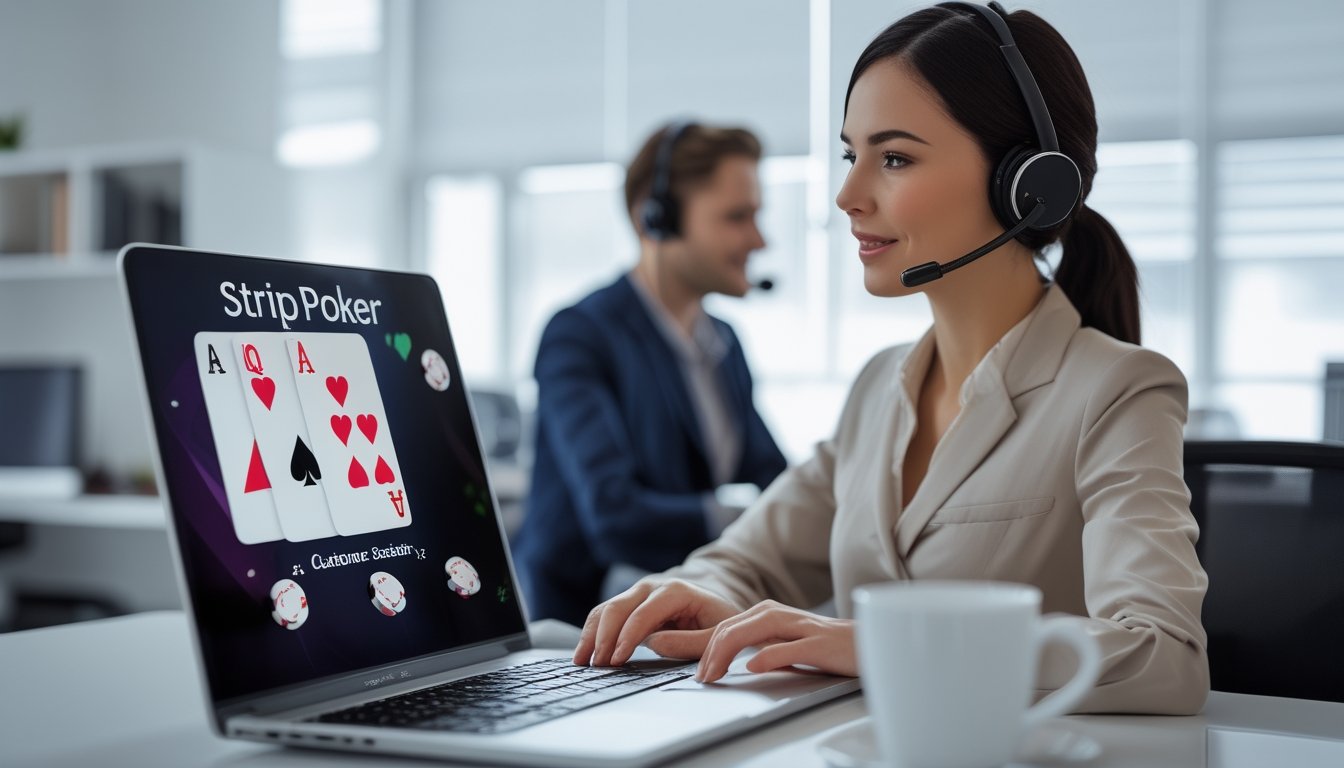 Seorang perwakilan layanan pelanggan yang ramah sedang berbicara dengan headset di kantor modern, dengan layar komputer menampilkan permainan poker online.