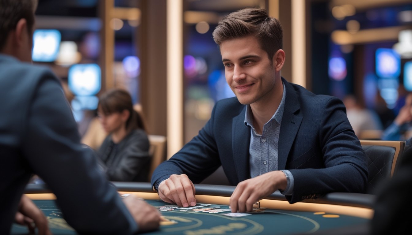 Seorang pria muda duduk di meja poker dengan kartu di tangan, terlihat fokus dan percaya diri di lingkungan kasino yang mewah.