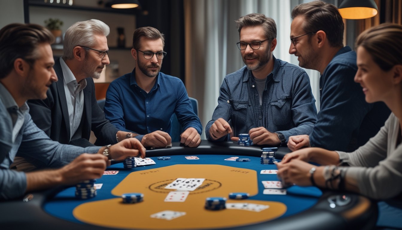 Sekelompok orang dewasa sedang bermain poker online di meja modern dengan perangkat digital, menunjukkan suasana serius dan fokus.