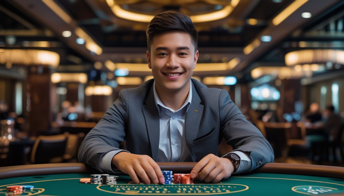 Seorang pemula percaya diri bermain Bandar Casino Hold’em di meja kasino dengan chip dan kartu.