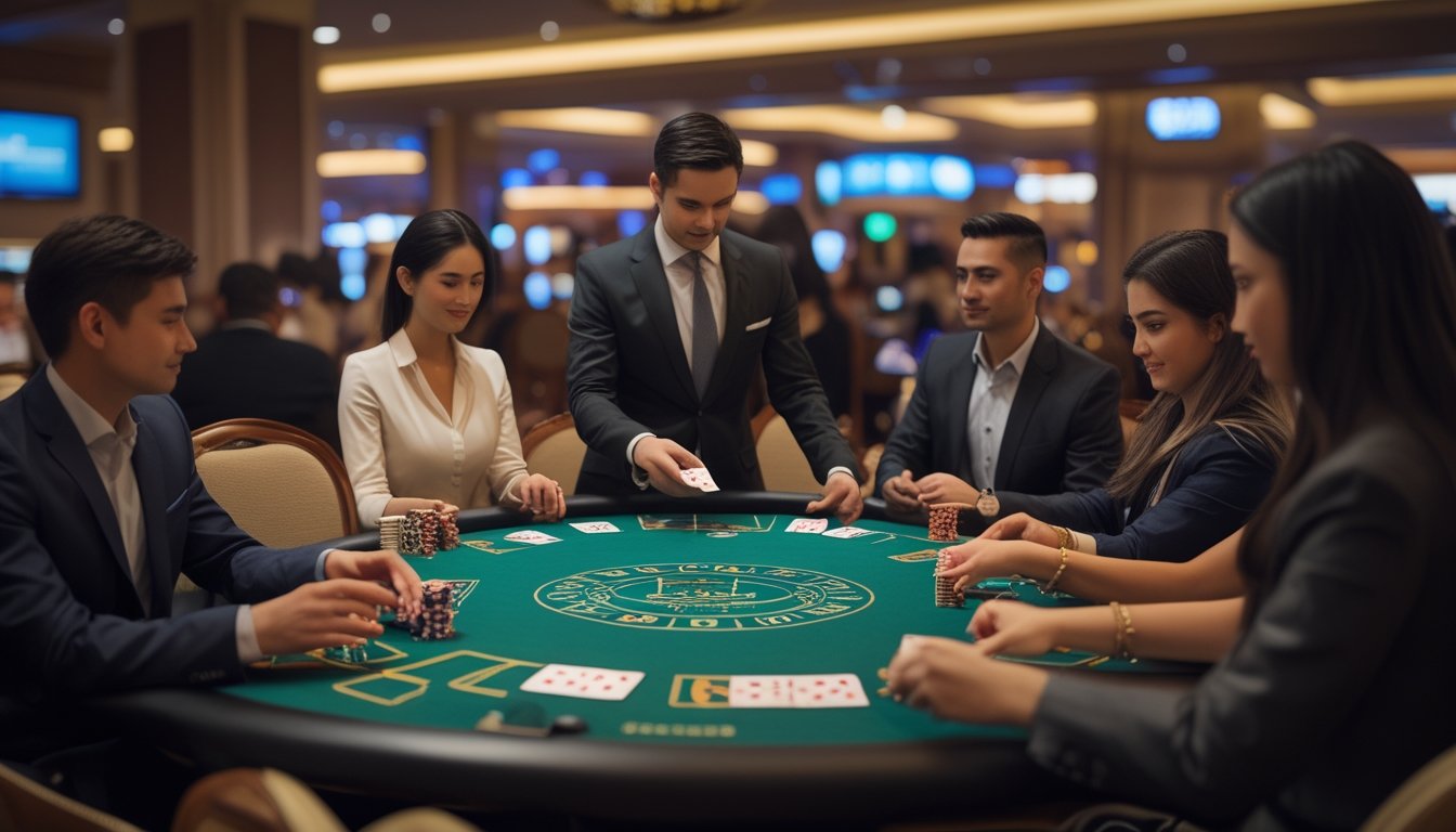 Meja kasino dengan pemain dan dealer sedang bermain Bandar Casino Hold’em, suasana dalam ruangan kasino yang mewah.