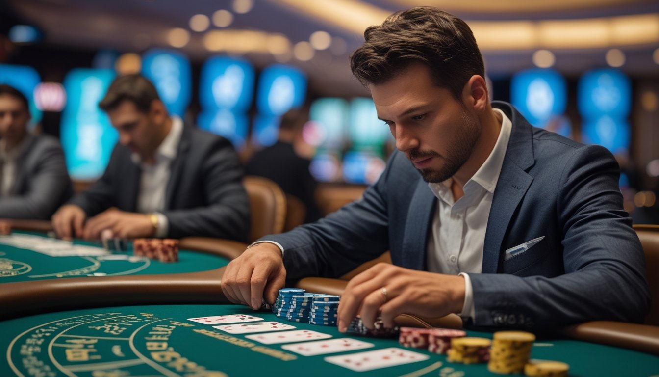 Seorang pria fokus bermain Bandar Casino Hold’em di meja kasino dengan kartu dan chip di depan.
