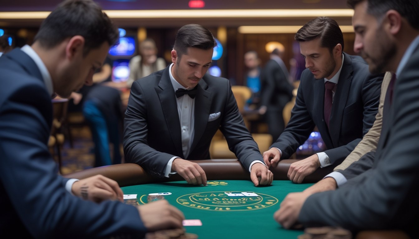 Seorang dealer dan beberapa pemain berpengalaman sedang bermain Casino Hold'em di meja kasino dengan kartu dan chip taruhan.