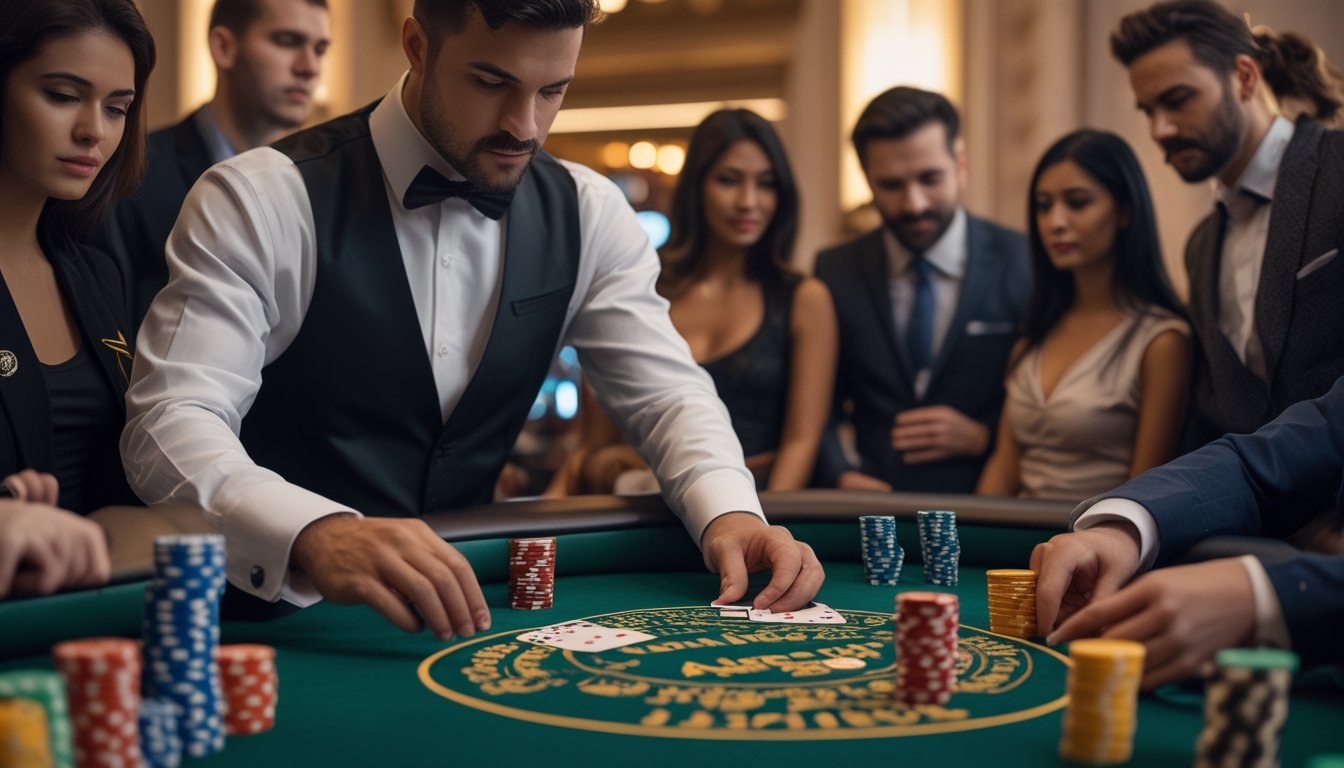 Seorang dealer membagikan kartu di meja poker hijau dengan beberapa pemain yang memperhatikan dengan serius di kasino.