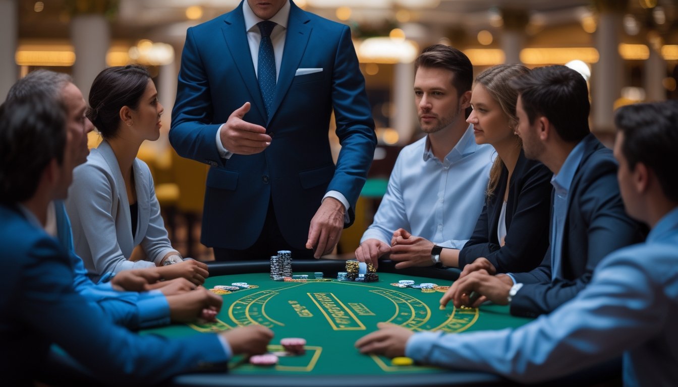 Seorang dealer menjelaskan aturan Casino Hold’em kepada beberapa pemain di meja poker di dalam kasino.