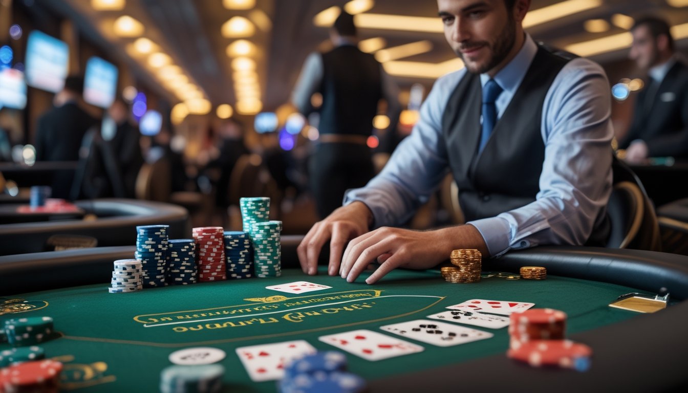 Seorang pemain kasino sedang mengelola chip dan kartu di meja Bandar Casino Hold’em dengan suasana kasino di latar belakang.