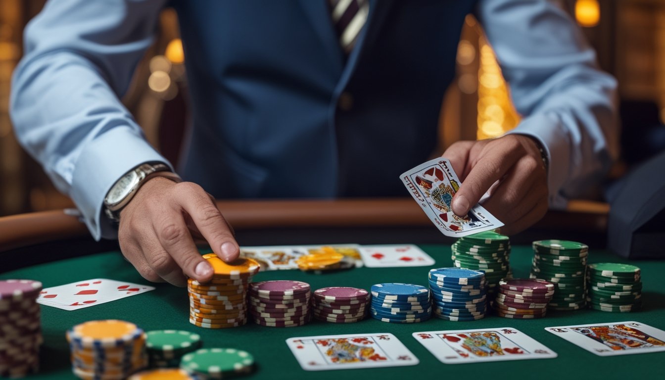 Seorang pria sedang mengatur chip dan uang di meja Casino Hold'em di dalam kasino.