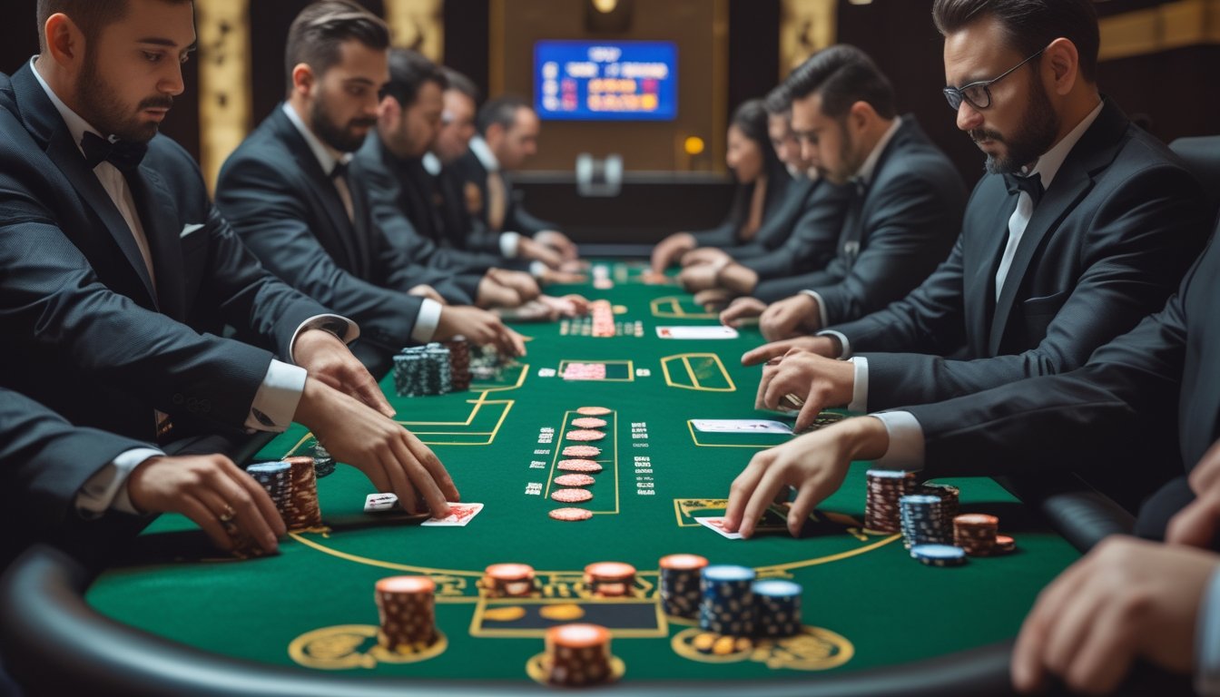 Meja poker kasino dengan pemain bermain Casino Hold’em dan Texas Hold’em, menampilkan kartu, chip, dan dealer di lingkungan kasino mewah.