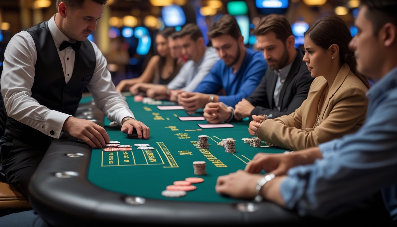 Meja poker di kasino dengan dealer dan beberapa pemain yang sedang bermain kartu, menunjukkan suasana permainan Casino Hold’em dan Texas Hold’em.
