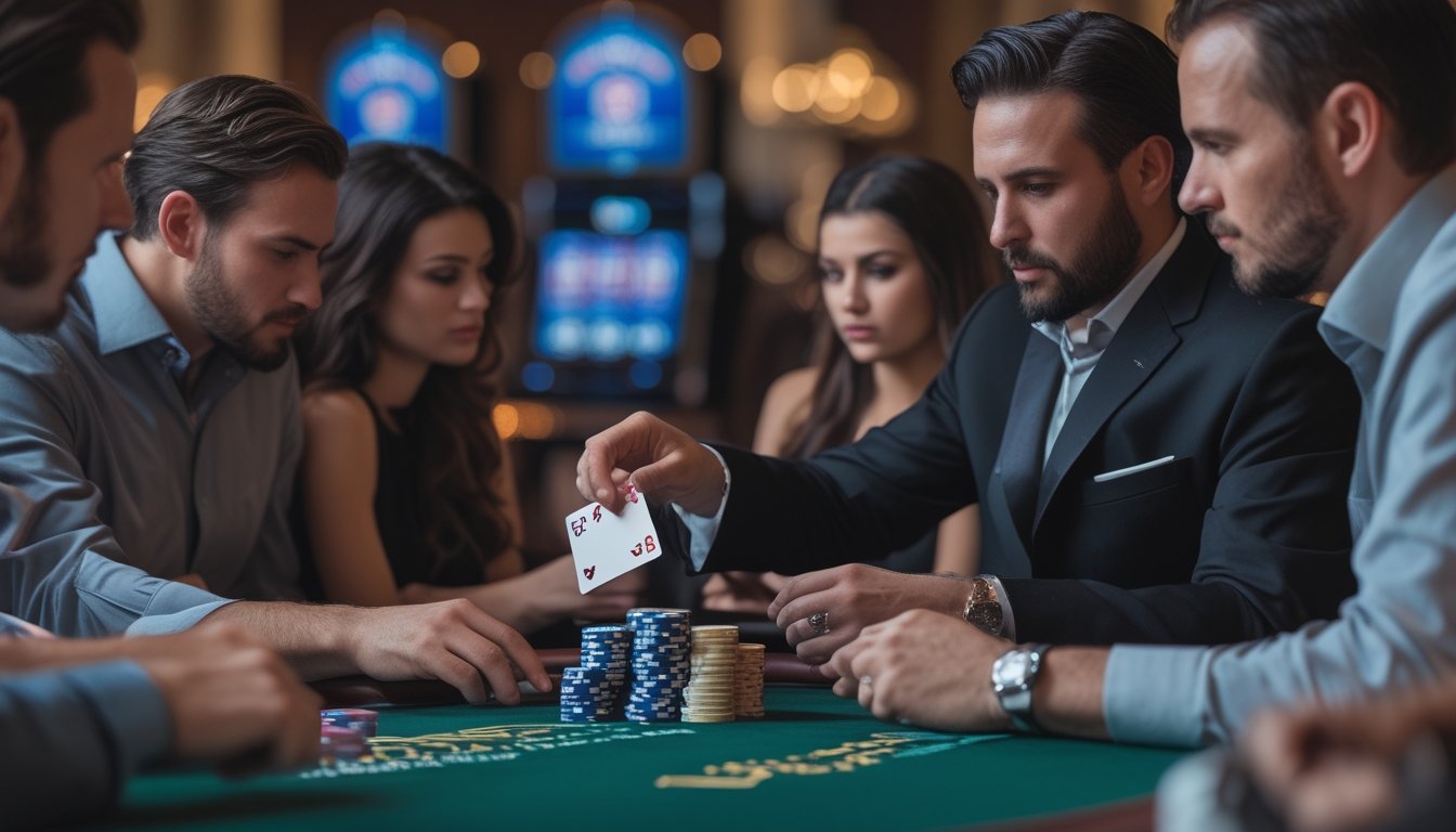 Beberapa pemain berjudi di meja Casino Hold’em dengan dealer membagikan kartu di kasino.