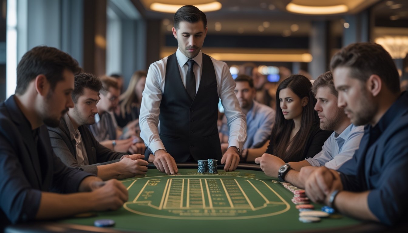 Seorang dealer membagikan kartu di meja Casino Hold'em dengan pemain yang fokus memperhatikan permainan.