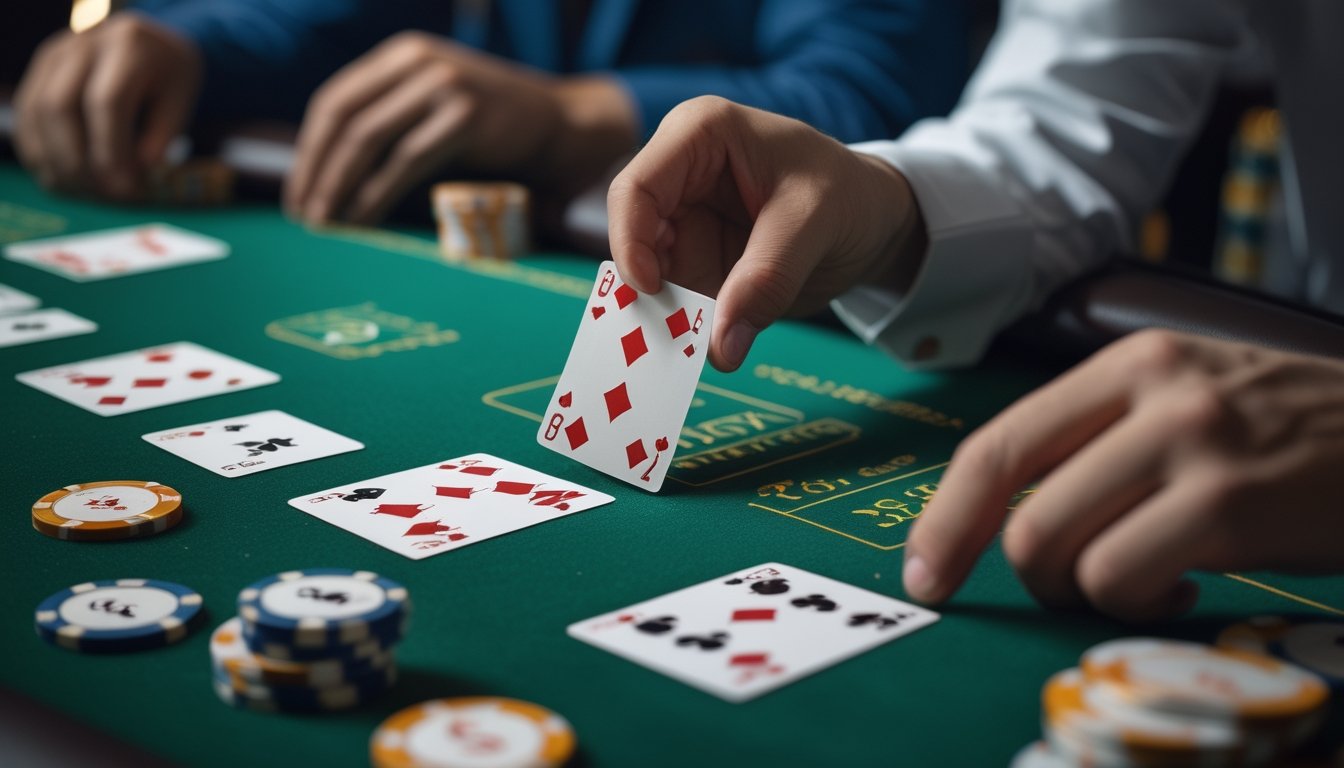 Tangan pemain memegang kartu di meja poker hijau dengan chip taruhan dalam permainan Casino Hold’em.