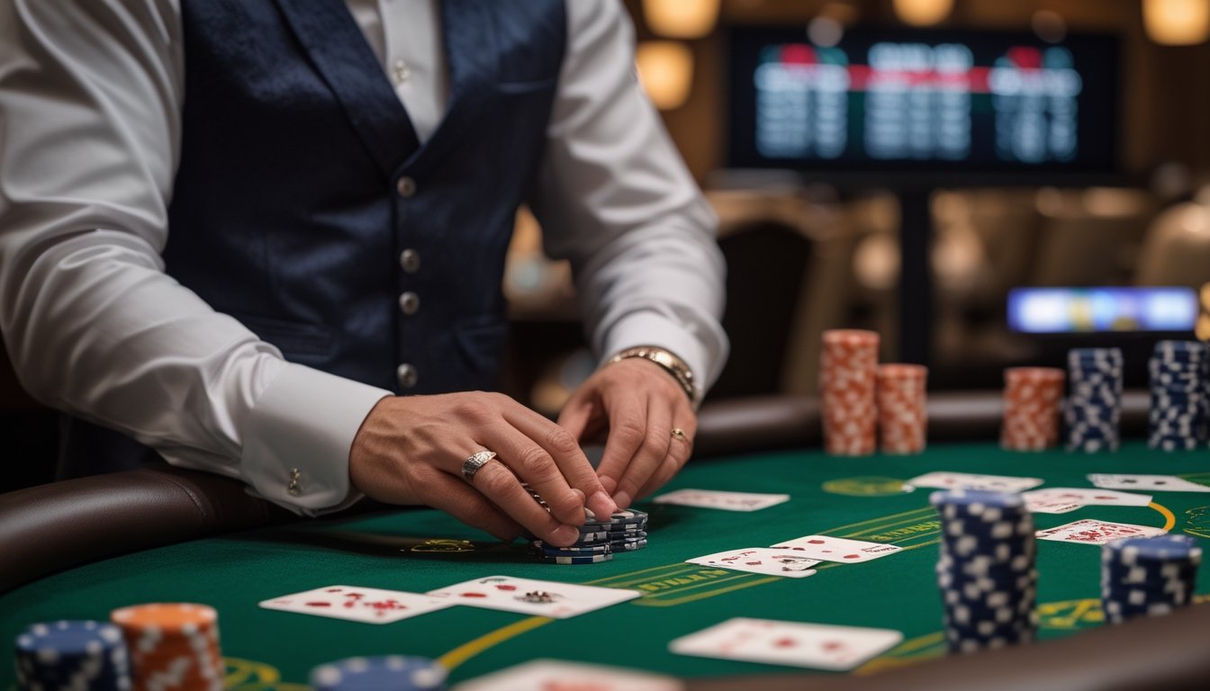 Seorang dealer di meja Casino Hold’em yang sedang membagikan kartu dengan tumpukan chip dan kartu bermain di atas meja hijau.