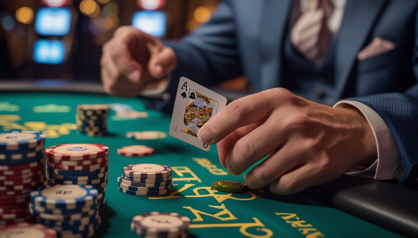 Seorang pemain poker sedang memegang kartu dan chip di meja kasino, terlihat sedang berpikir untuk mengambil keputusan dalam permainan Casino Hold’em.