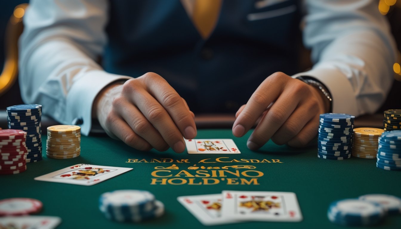 Seorang pemain di meja Bandar Casino Hold’em sedang memikirkan keputusan dengan kartu dan chip poker di depan.