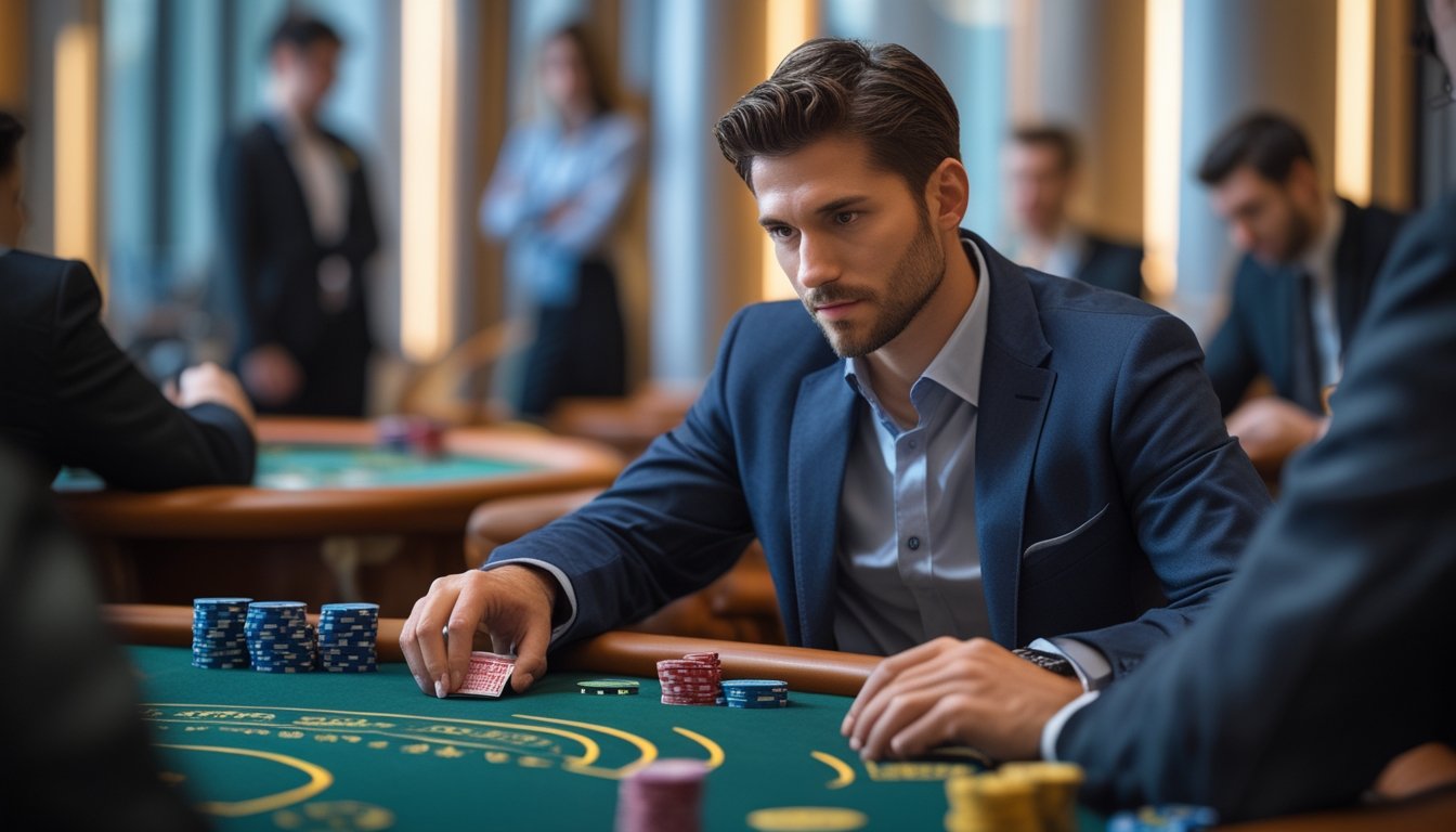 Seorang pria fokus bermain Bandar Casino Hold’em di meja kasino dengan suasana tenang dan teratur.
