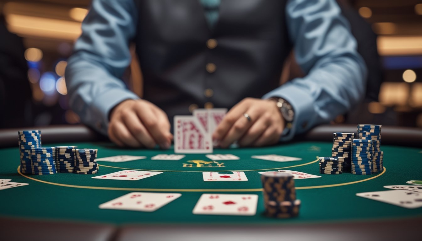 Seorang dealer berpakaian rapi sedang mengatur permainan Bandar Casino Hold’em di meja poker hijau dengan kartu dan chip poker tertata rapi.