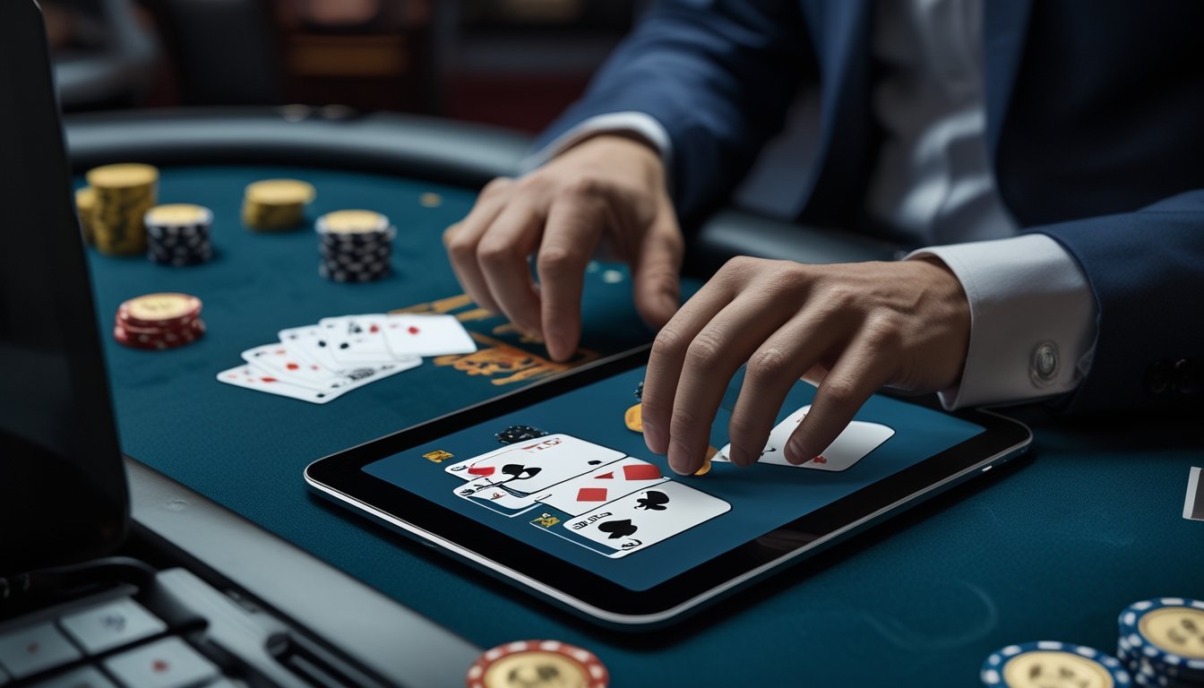 Seseorang sedang bermain Bandar Casino Hold’em online menggunakan tablet di meja kasino dengan suasana yang elegan.