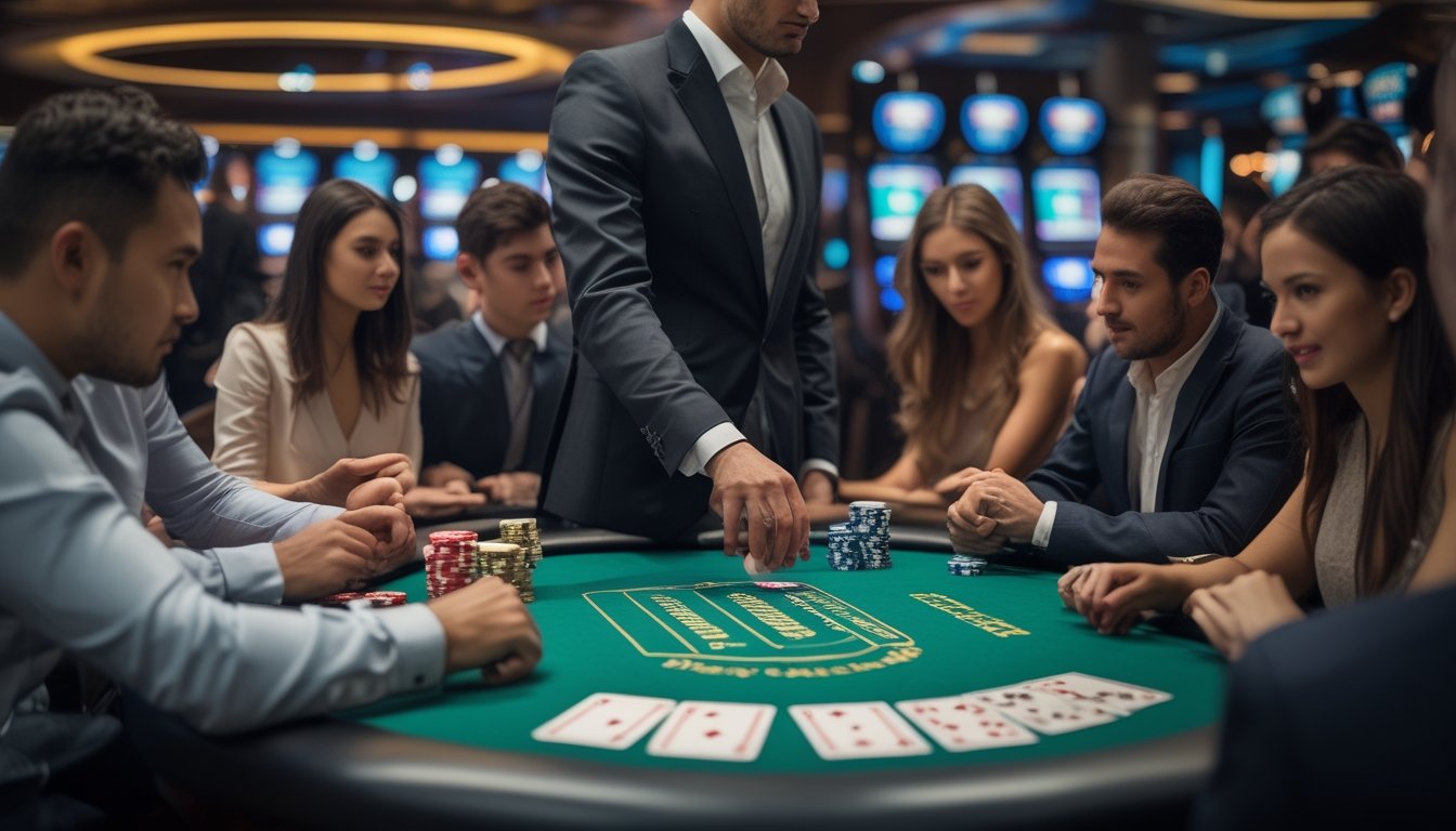 Meja kasino dengan dealer dan pemain yang sedang bermain Bandar Casino Hold’em, dengan kartu dan chip poker di atas meja.
