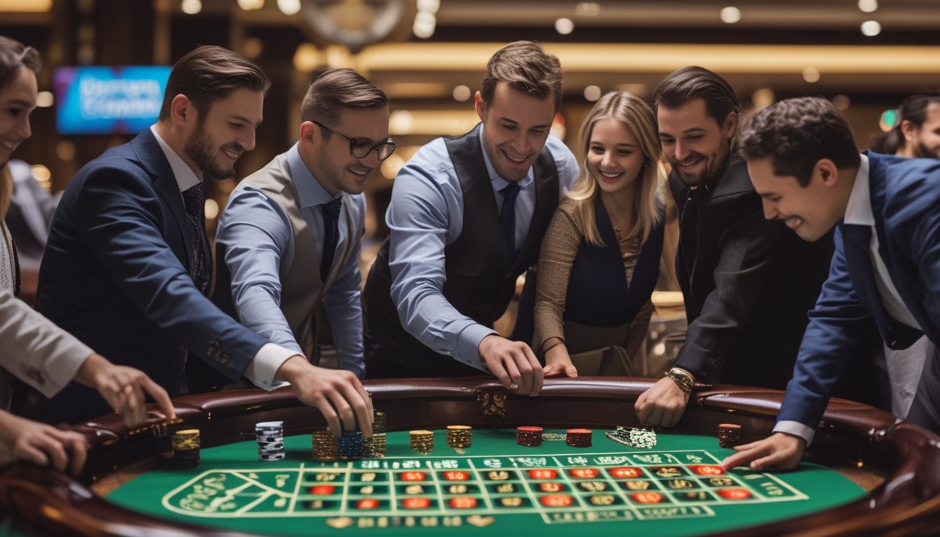 Beberapa orang bermain roulette Amerika di meja kasino dengan suasana yang cerah dan penuh semangat.