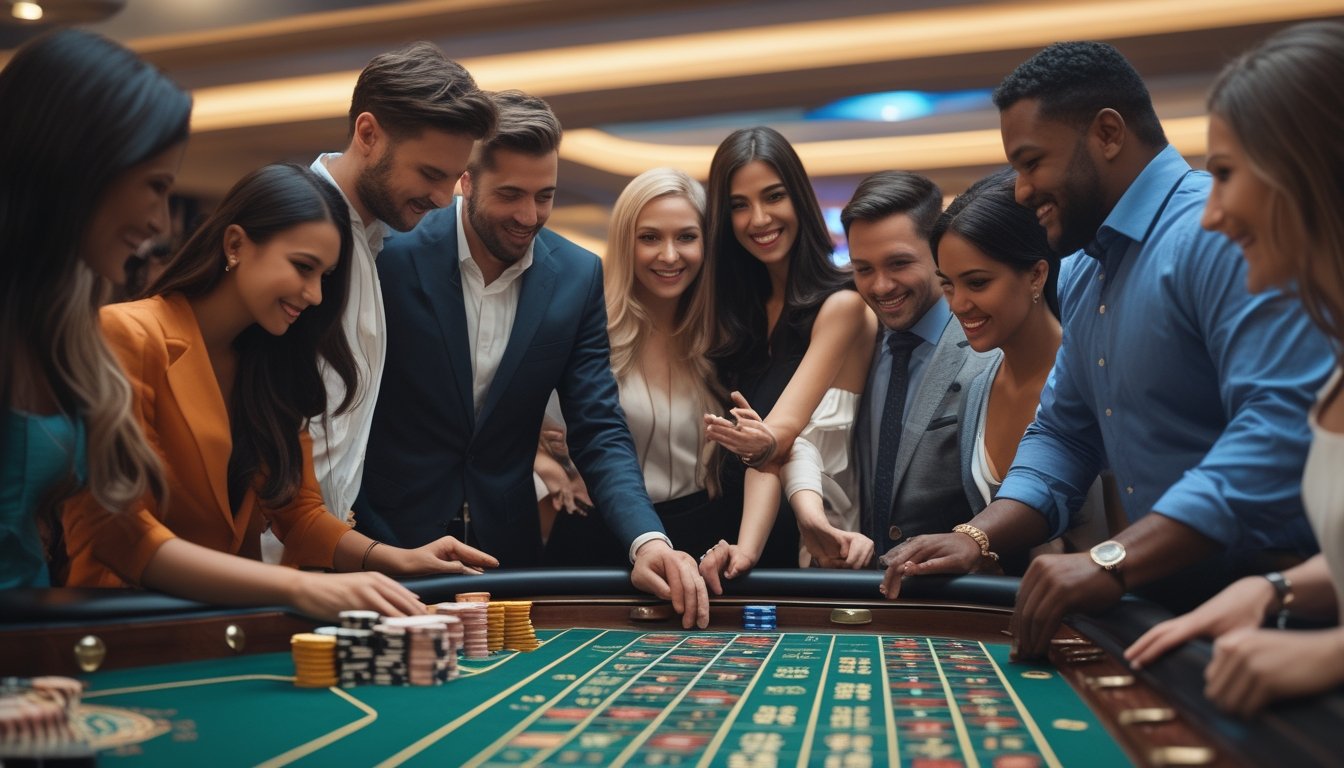 Meja roulette Amerika dengan dealer dan pemain yang sedang bermain di kasino.