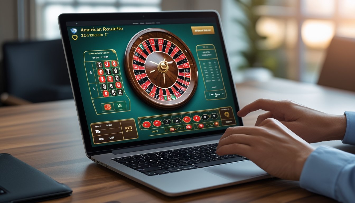 Seseorang menggunakan laptop dengan permainan roulette Amerika online yang aman dan resmi di layar.