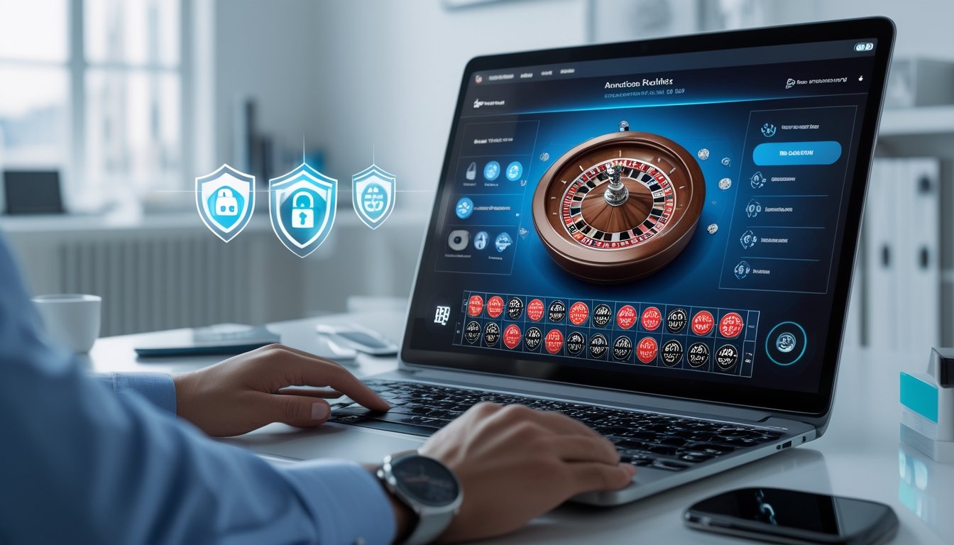Seseorang menggunakan komputer dengan tampilan permainan American Roulette online yang aman, di ruang kerja yang rapi dan terang.