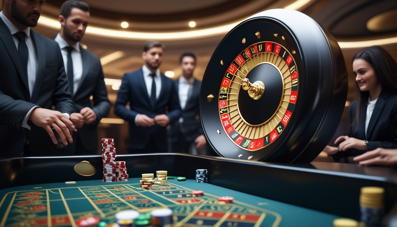 Meja roulette Amerika dengan pemain berpakaian rapi di kasino mewah, suasana profesional dan permainan yang adil.