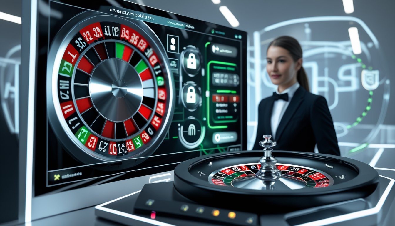 Sebuah meja roulette Amerika online dengan dealer profesional dan elemen keamanan digital yang menunjukkan sistem permainan yang adil.