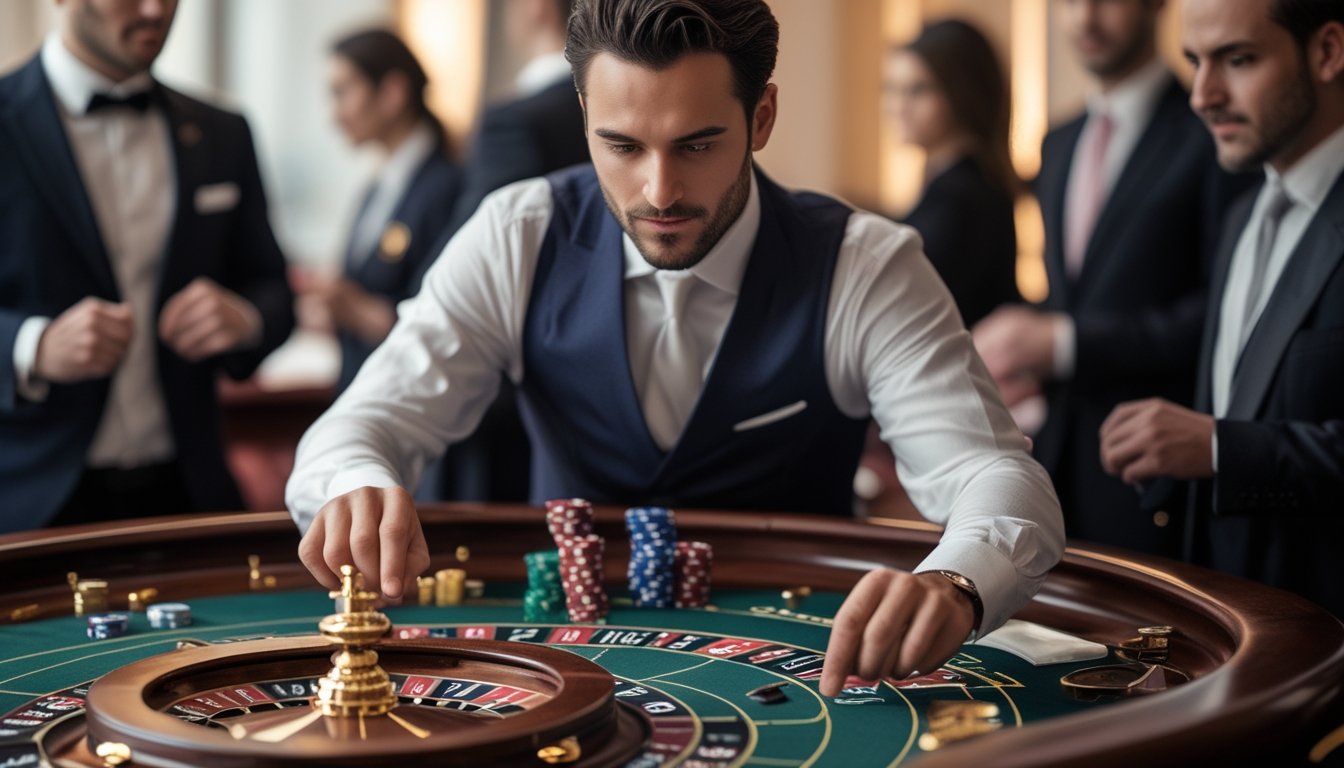 Seorang pria berpakaian rapi sedang meletakkan chip di meja roulette Amerika di kasino dengan suasana fokus dan penuh konsentrasi.
