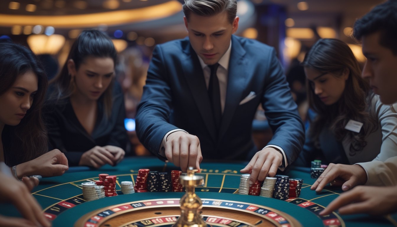 Seorang dealer memutar roda roulette Amerika di meja kasino dengan pemain yang sedang memasang taruhan dan mengamati dengan serius.